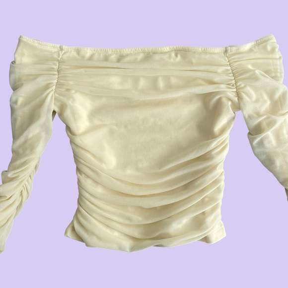 Cream Off Shoulder Ruched Crop Top Ruffle Sleeves Coquette Preppy Y2K Stretch - Picture 5 of 8